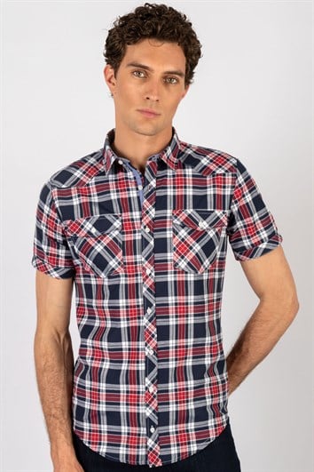 Slim Fit Kısa Kollu Ekose Çift Cep Kapaklı Erkek Gömlek