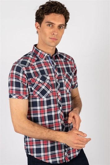 Slim Fit Kısa Kollu Ekose Çift Cep Kapaklı Erkek Gömlek