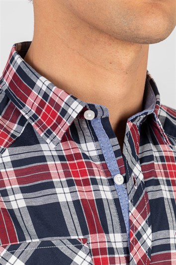 Slim Fit Kısa Kollu Ekose Çift Cep Kapaklı Erkek Gömlek