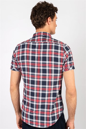 Slim Fit Kısa Kollu Ekose Çift Cep Kapaklı Erkek Gömlek