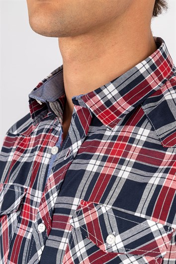 Slim Fit Kısa Kollu Ekose Çift Cep Kapaklı Erkek Gömlek