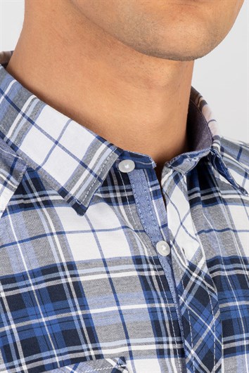 Slim Fit Kısa Kollu Ekose Çift Cep Kapaklı Erkek Gömlek