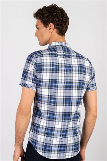 Slim Fit Kısa Kollu Ekose Çift Cep Kapaklı Erkek Gömlek