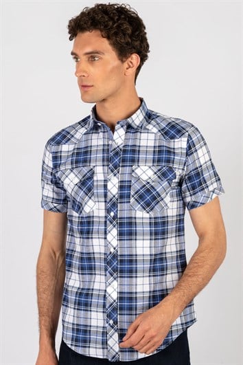 Slim Fit Kısa Kollu Ekose Çift Cep Kapaklı Erkek Gömlek