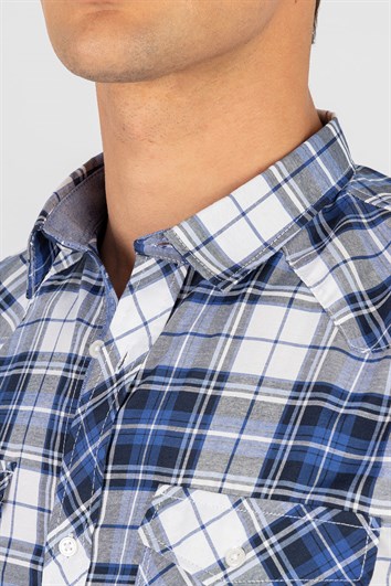 Slim Fit Kısa Kollu Ekose Çift Cep Kapaklı Erkek Gömlek