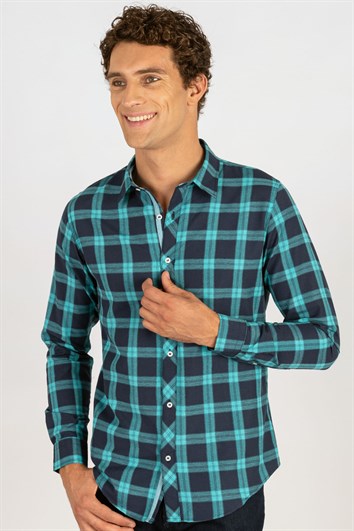Slim Fit Uzun Kollu Kareli Pamuklu Kolay Ütü Erkek Gömlek