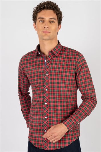 Slim Fit Uzun Kollu Kareli Pamuklu Kolay Ütü Erkek Renkli Gömlek