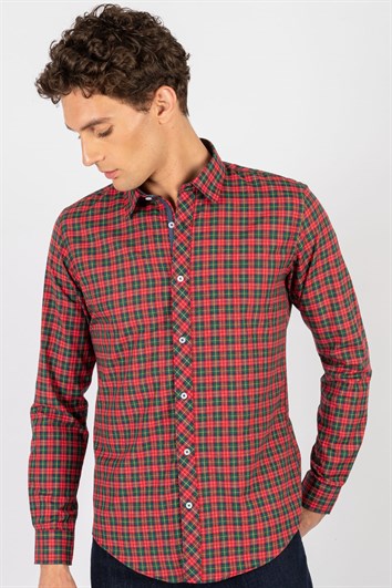 Slim Fit Uzun Kollu Kareli Pamuklu Kolay Ütü Erkek Renkli Gömlek