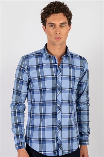 Slim Fit Uzun Kollu Kareli Pamuklu Kolay Ütü Erkek Renkli Gömlek