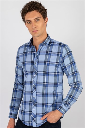 Slim Fit Uzun Kollu Kareli Pamuklu Kolay Ütü Erkek Renkli Gömlek