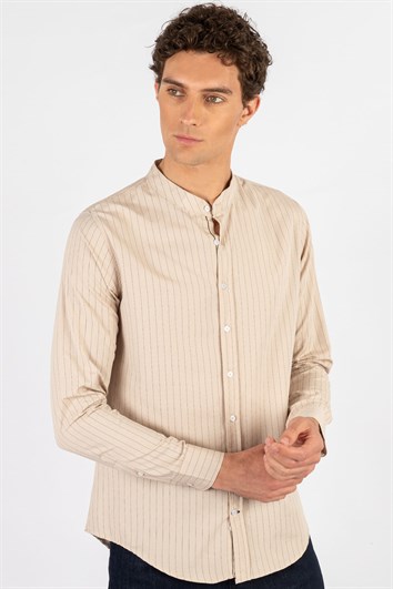 Slim Fit Uzun Kollu Hakim Yaka Pamuklu Kolay Ütü Çizgili Erkek Taş Gömlek
