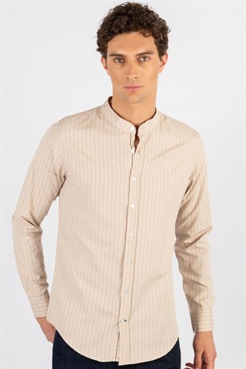 Slim Fit Uzun Kollu Hakim Yaka Pamuklu Kolay Ütü Çizgili Erkek Taş Gömlek