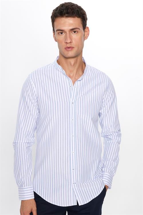  Erkek Slim Fit Dar Kesim Uzun Kollu Pamuklu Beyaz Hakim Yaka Gömlek