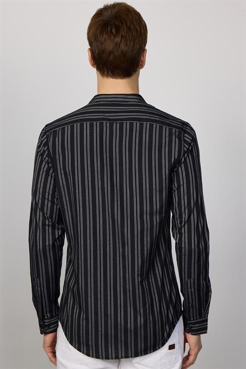 Slim Fit Uzun Kollu Hakim Yaka Pamuklu Kolay Ütü Çizgili Siyah Erkek Gömlek