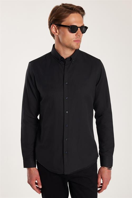 Slim Fit Uzun Kollu Düğmeli Yaka Pamuklu Kolay Ütü Düz Erkek Gömlek
