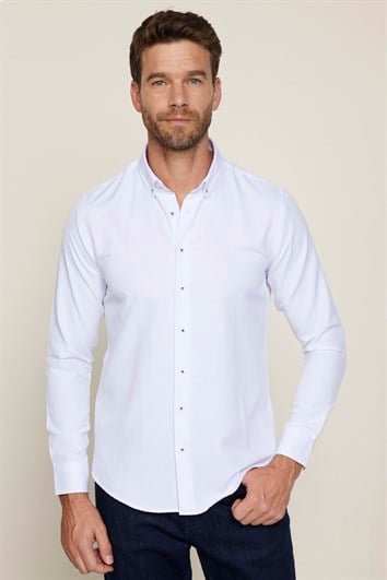 Slim Fit Uzun Kollu Düğmeli Yaka Pamuklu Kolay Ütü Düz Erkek Gömlek