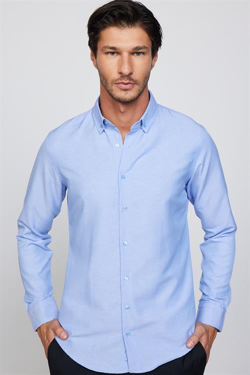 Slim Fit Uzun Kollu Düğmeli Yaka Pamuklu Kolay Ütü Düz Mavi Erkek Gömlek