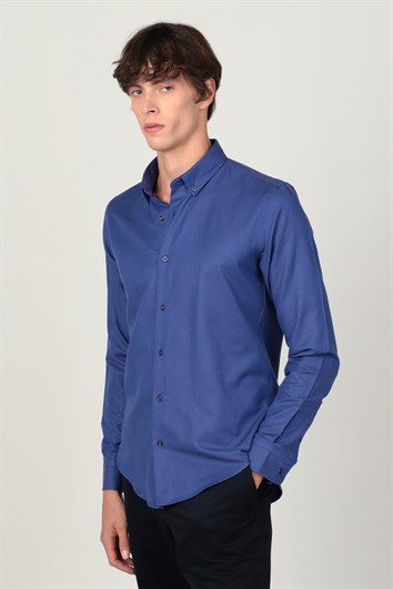 Slim Fit Uzun Kollu Düğmeli Yaka Pamuklu Kolay Ütü Düz Erkek Gömlek