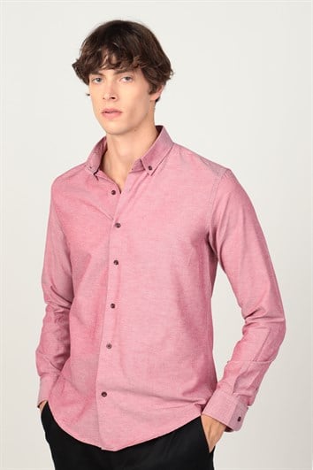 Slim Fit Uzun Kollu Düğmeli Yaka Pamuklu Kolay Ütü Düz Erkek Gömlek