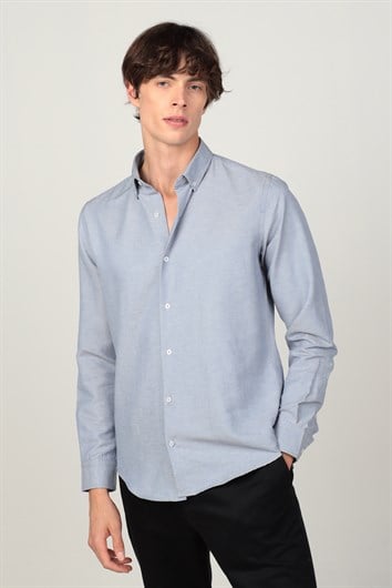 Slim Fit Uzun Kollu Düğmeli Yaka Pamuklu Kolay Ütü Düz Erkek Gömlek