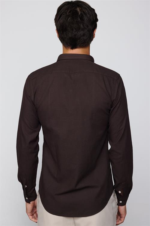 Slim Fit Uzun Kollu Flam Pamuk Yaka İçi Biyeli Kahverengi Erkek Gömlek