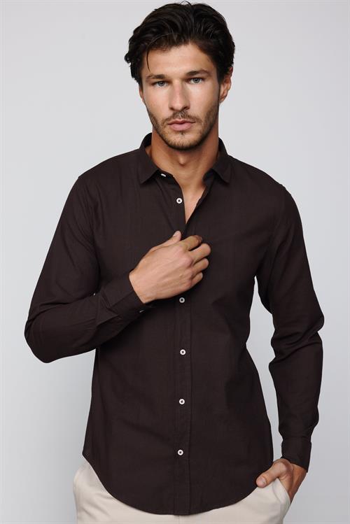 Slim Fit Uzun Kollu Flam Pamuk Yaka İçi Biyeli Kahverengi Erkek Gömlek