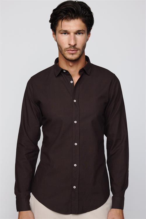 Slim Fit Uzun Kollu Flam Pamuk Yaka İçi Biyeli Kahverengi Erkek Gömlek