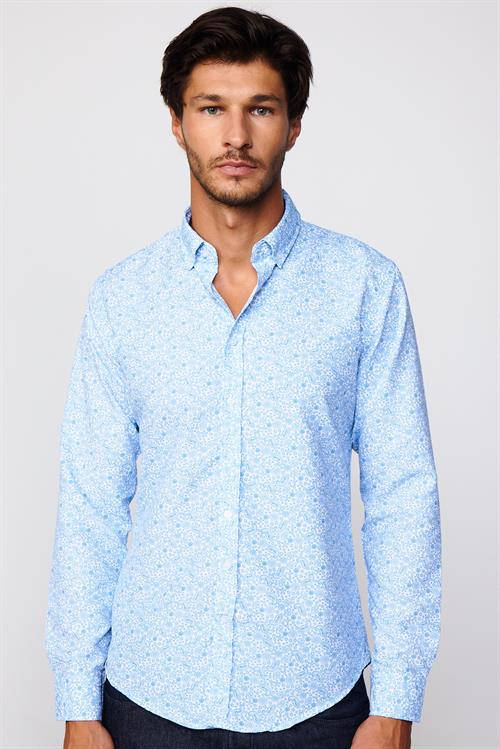 Slim Fit Uzun Kollu Baskılı Desenli Kolay Ütü Yaka Düğmeli Beyaz Gömlek