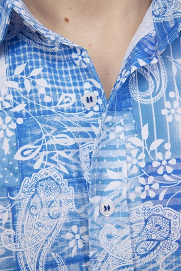 Slim Fit Uzun Kollu Baskılı Desenli Kolay Ütü Yaka Düğmeli Sax Mavi Gömlek