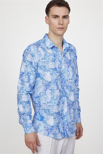 Slim Fit Uzun Kollu Baskılı Desenli Kolay Ütü Yaka Düğmeli Sax Mavi Gömlek