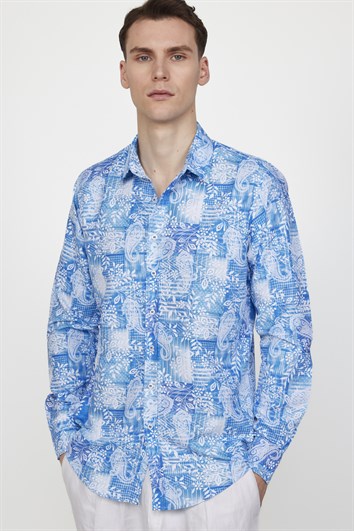 Slim Fit Uzun Kollu Baskılı Desenli Kolay Ütü Yaka Düğmeli Sax Mavi Gömlek