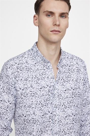 Slim Fit Uzun Kollu Baskılı Desenli Kolay Ütü Yaka Düğmeli Beyaz Gömlek