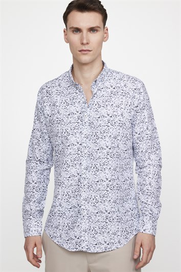 Slim Fit Uzun Kollu Baskılı Desenli Kolay Ütü Yaka Düğmeli Beyaz Gömlek