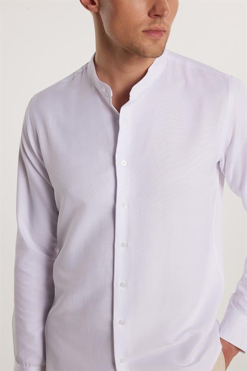 Erkek Slim Fit Dar Kesim Uzun Kollu Pamuklu Beyaz Hakim Yaka Gömlek