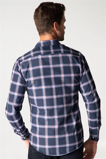 Slim Fit Uzun Kollu Kareli Pamuklu Kolay Ütü Erkek Lacivert Gömlek