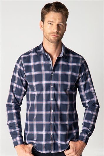 Slim Fit Uzun Kollu Kareli Pamuklu Kolay Ütü Erkek Lacivert Gömlek