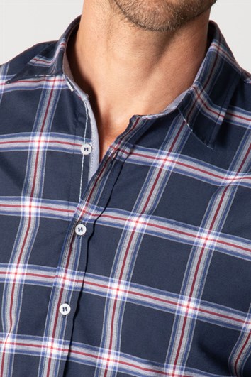 Slim Fit Uzun Kollu Kareli Pamuklu Kolay Ütü Erkek Lacivert Gömlek