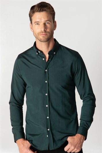 Slim Fit Uzun Kollu Düğmeli Yaka Pamuklu Kolay Ütü Çizgili Erkek Gömlek