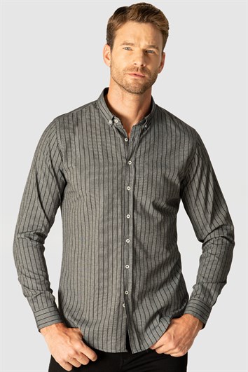 Slim Fit Uzun Kollu Düğmeli Yaka Pamuklu Kolay Ütü Çizgili Erkek Gömlek