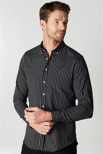 Slim Fit Uzun Kollu Düğmeli Yaka Pamuklu Kolay Ütü Çizgili Erkek Gömlek
