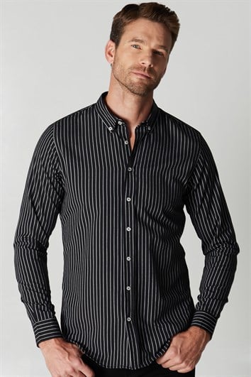 Slim Fit Uzun Kollu Düğmeli Yaka Pamuklu Kolay Ütü Çizgili Erkek Gömlek