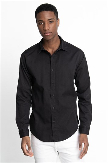Slim Fit Uzun Kollu Biyeli Erkek Denim Kot Siyah Gömlek
