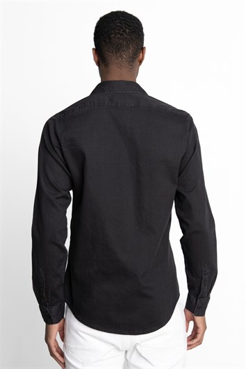 Slim Fit Uzun Kollu Biyeli Erkek Denim Kot Siyah Gömlek