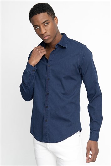 Slim Fit Uzun Kollu Biyeli Erkek Denim Kot Lacivert Gömlek