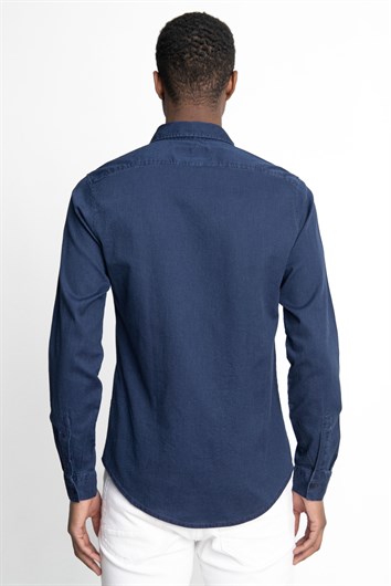 Slim Fit Uzun Kollu Biyeli Erkek Denim Kot Lacivert Gömlek