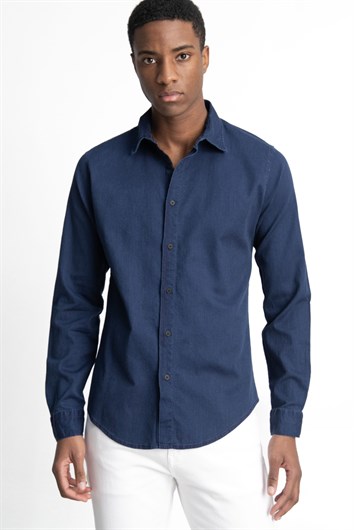Slim Fit Uzun Kollu Biyeli Erkek Denim Kot Lacivert Gömlek