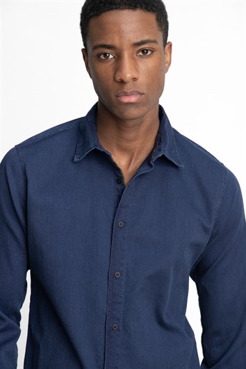 Slim Fit Uzun Kollu Biyeli Erkek Denim Kot Lacivert Gömlek