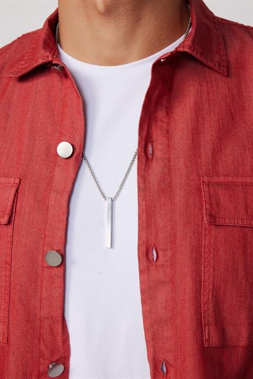 Slim Fit Uzun Kollu Denim Kot Parça Boyalı Çift Cep Kapaklı Metal Düğme Erkek Kırmızı Gömlek