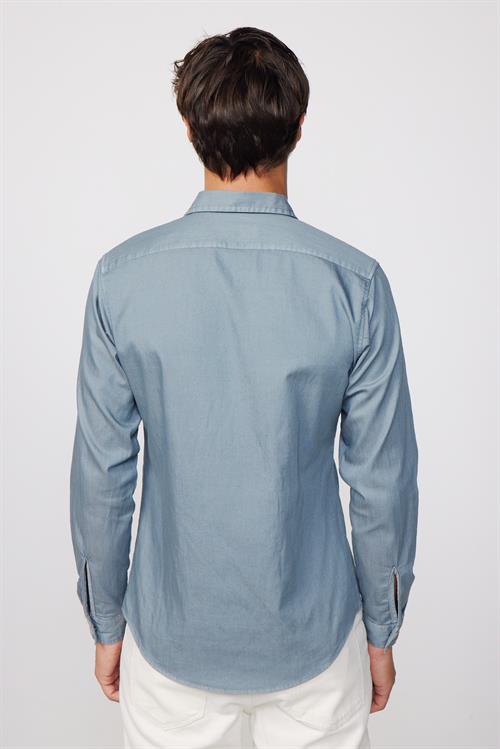 Slim Fit Uzun Kollu Denim Kot Parça Boyalı Çift Cep Kapaklı Metal Düğme Erkek Gri Gömlek