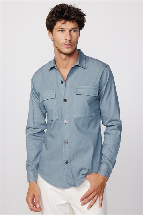 Slim Fit Uzun Kollu Denim Kot Parça Boyalı Çift Cep Kapaklı Metal Düğme Erkek Gri Gömlek